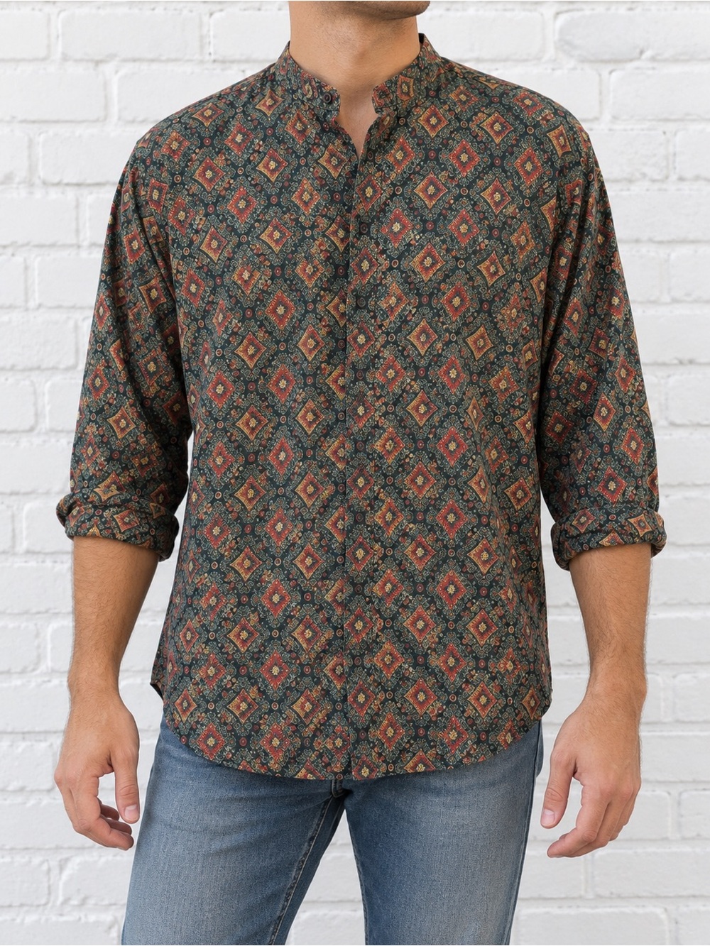 Vintage 90s Herman Geist Mens L Geometric Button Down Shirt Boho Grandpa
